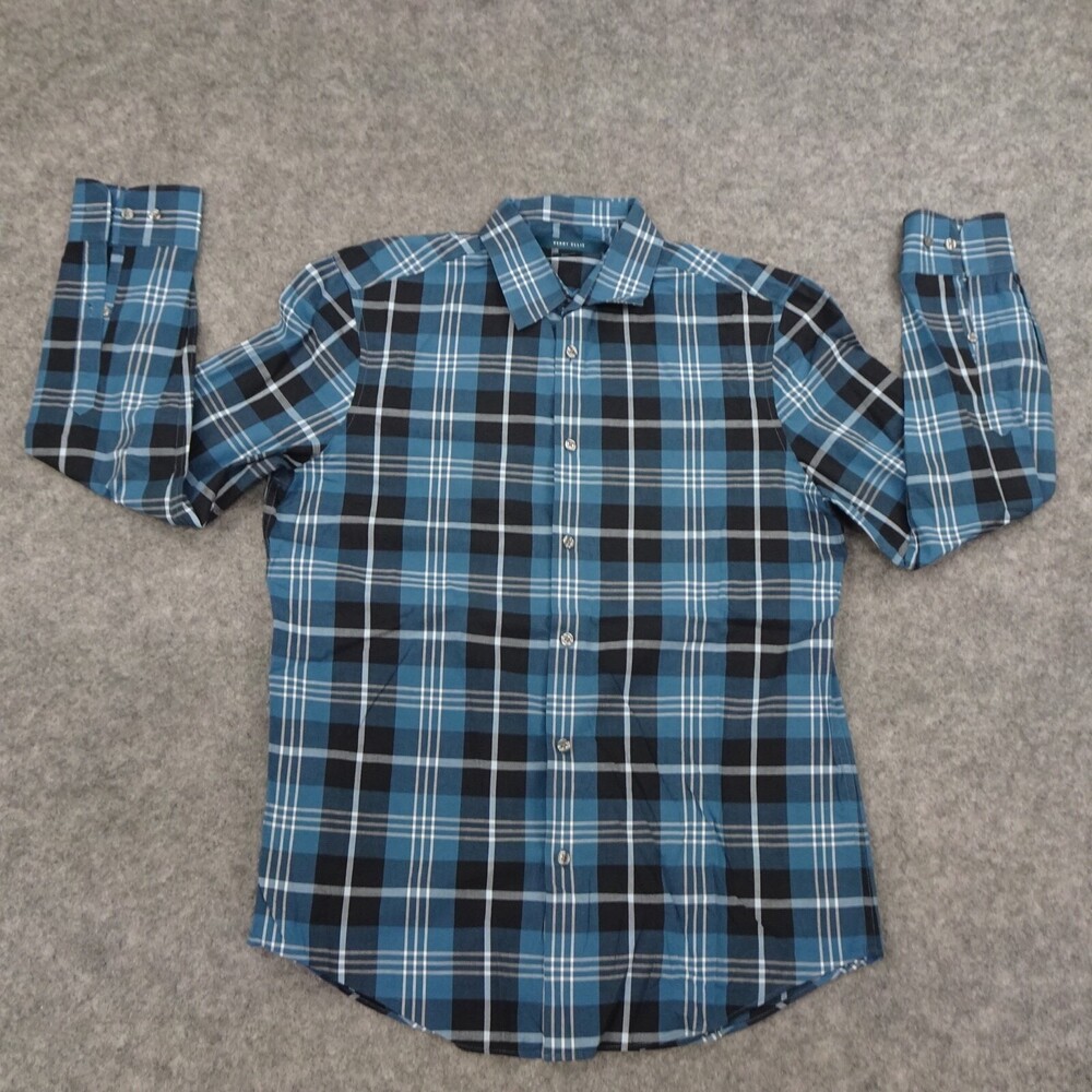 Perry Ellis Button Up Shirt Mens Medium Blue Regular Fit Plaid White Navy